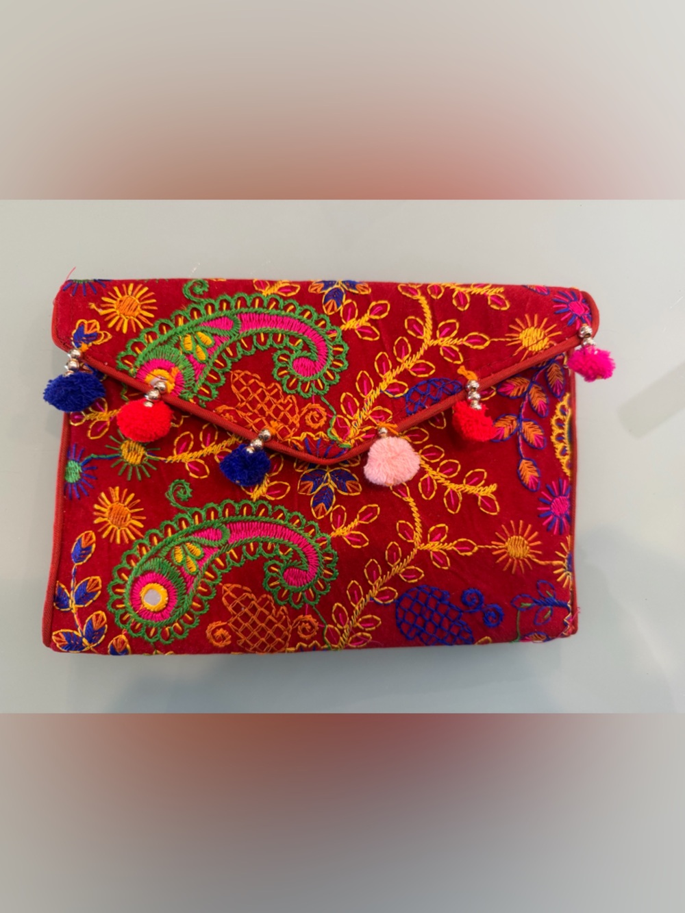 Embroidered Red Paisley Pom-Pom Clutch Bag Darn Good Yarn NWT
